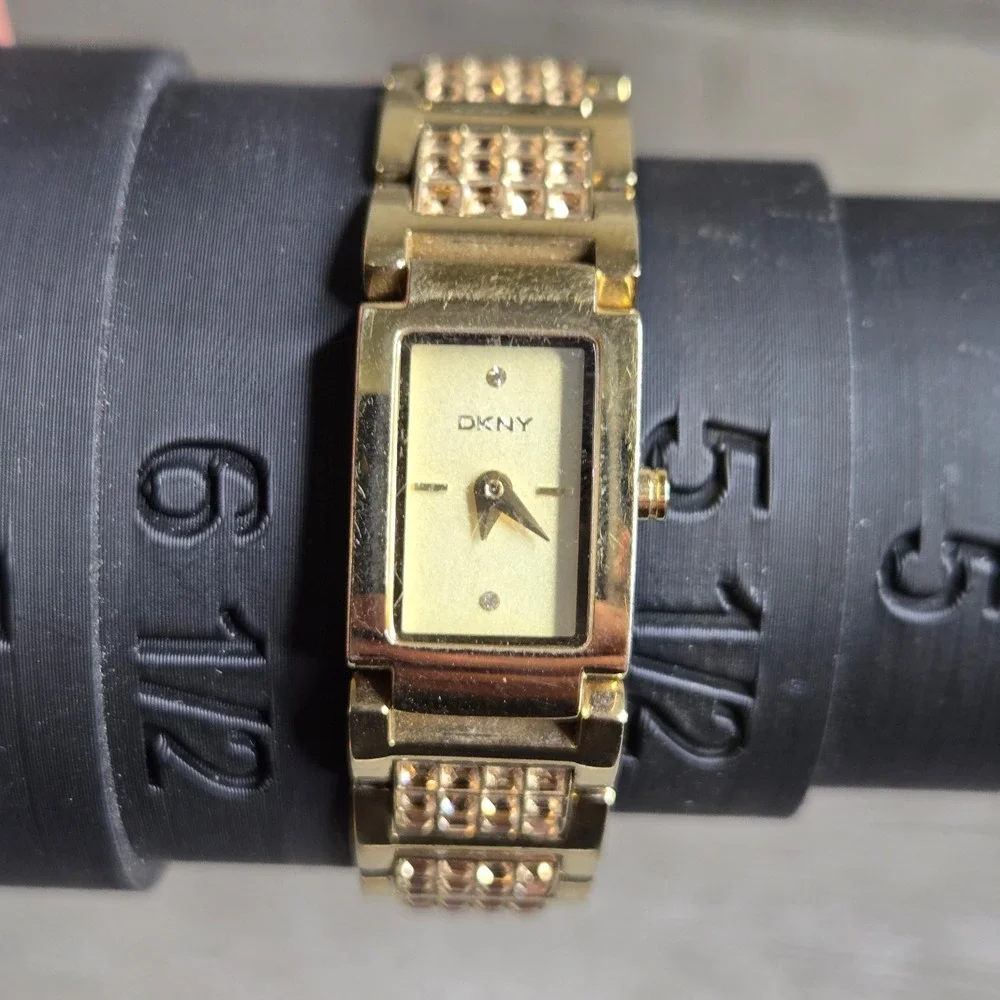 DKNY Gold Tone Stainless Steel Glitz Rectangular Women's Dress Watch NY4441 Sz6